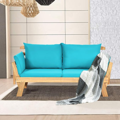 Tangkula Convertible Acacia Wood Patio Couch Sofa Bed with Adjustable Armrest, Outdoor Daybed with Cushion & Pillows, Outside Folding Futon Sofa Couch Bench for Porch, Courtyard, Poolside & Garden