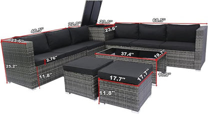 Quarte 8 Piece Patio Wicker Sectional Sofa Set,Outdoor Conversation Furniture Sofa Set with One Storage Box and Cushion for Porch Lawn Garden Backyard Poolside