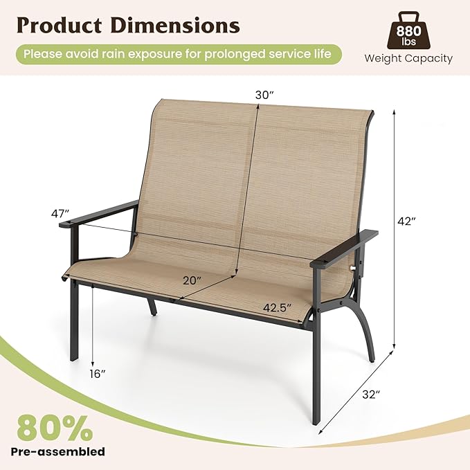 Tangkula Outdoor Adirondack Bench Chair, 2-Person Patio Garden Bench with High Back and Armrests, 880 lbs Weight Capacity, Front Porch Loveseat Furniture for Deck, Lawn and Backyard (Coffee)