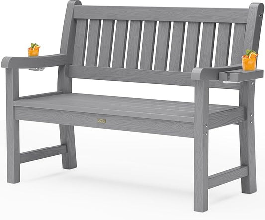 YEFU Outdoor Bench for Patio Waterproof: Heavy Duty 2-Person Garden Bench with 2 Cup Holders & Oversized Seating - HIPS Weatherproof Patio Benches for Front Porch Backyard Park, Grey