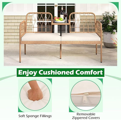HAPPYGRILL Patio Rattan Loveseat, 2-Seat Wicker Chairs with Built-in Table, Outdoor Conversation Bench with Seat Cushions for Backyard, Front Porch, Garden