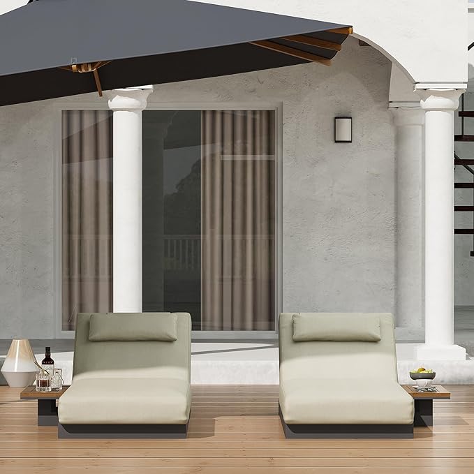 homary Modern Outdoor Lounge Chair, 2 PCS Patio Pool Lounger Outdoor Chaise with Beige Cushions & Built-in Side Table, Adjustable Backrest, Weather-Resistant Metal Frame