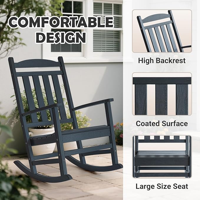 PROHIKER HDPE Rocking Chair, All Weather Plastic Rocking Chair with High Backrest, Outdoor Indoor Porch Rocker for Backyard, Balcony, Lawn, Garden, Black