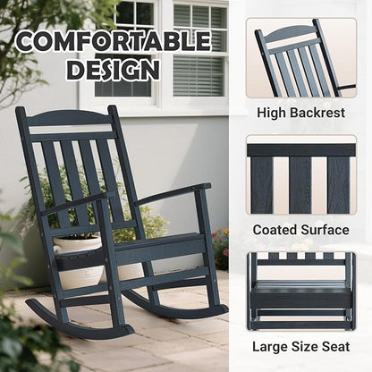 PROHIKER HDPE Rocking Chair, All Weather Plastic Rocking Chair with High Backrest, Outdoor Indoor Porch Rocker for Backyard, Balcony, Lawn, Garden, Black