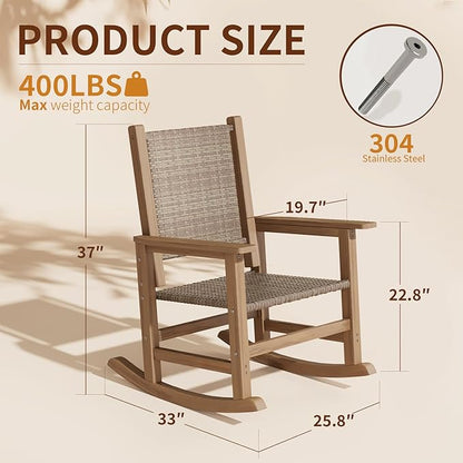 HDPE Outdoor Rocking Chair Set of 2, Wicker Rocking Chair for Adult, All Weather Rocking Chair Outdoor for Porch, Garden, Lawn, and Balcony (Brown)
