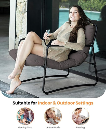 Outdoor Accent Chair, Modern Metal Outdoor Lounge Chair, Comfy Patio Accent Chair with Padded Seat, All Weather Outdoor Patio Chair for Living Room, Apartment, Bedroom, Poolside, Dark Grey