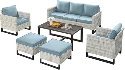 Rilyson Wicker Outdoor Patio Furniture Set - 6 Piece Patio Conversation Set with 2 Armrest Chairs,2 Rattan Ottoman,1 Couch and 1 Metal Side Table for Outside Porch Deck Backyard(Light Grey/Sky Blue)