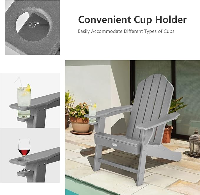 Tangkula Adirondack Chair Outdoor, Fade Resistant HDPE Armchairs with Cup Holder, Weather Resistant Lounger Chairs for Patio Garden Backyard Deck, Lawn Porch Seating, Adirondack Lounger (2, Grey)