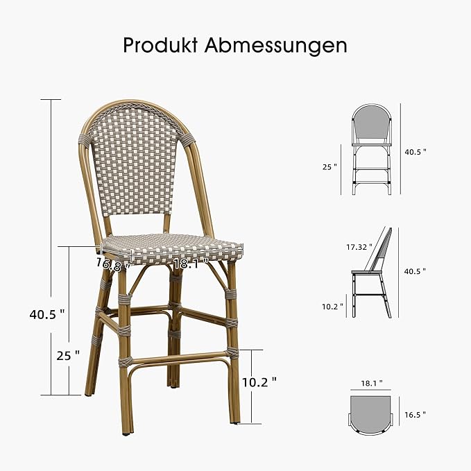 PURPLE LEAF French Counter Height Bar Stool Set of 2 25" Bamboo Print Finish Patio Bar Chairs with Back Rattan Bar - Photo 6