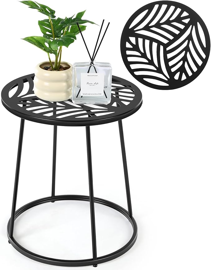 Outdoor Side Table with Flower Cut Outs 14" Weather Resistant Metal Patio Side Tables Small Plant Stand Round Outdoor End Table for Patio Outside Porch Balconies Garden(Black,Hollow Leaf)