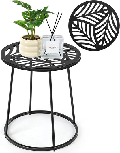Outdoor Side Table with Flower Cut Outs 14" Weather Resistant Metal Patio Side Tables Small Plant Stand Round Outdoor End Table for Patio Outside Porch Balconies Garden(Black,Hollow Leaf)