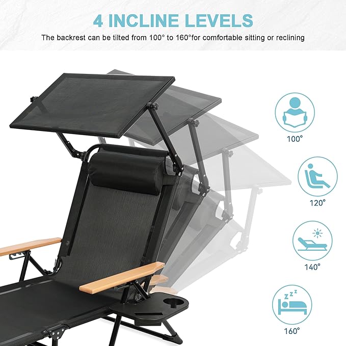 Outdoor Chaise Lounge Chair with 4-Position Adjustable Backrest,Patio Folding Sun Tanning Chair,Pillow & Cup Holder,Portable Recliner Sunbathing Lounger Chairs for Beach Garden (Black with Shade)