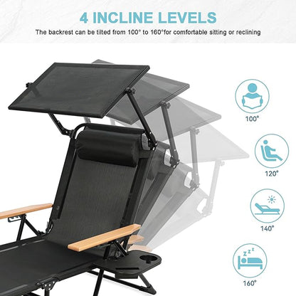 Outdoor Chaise Lounge Chair with 4-Position Adjustable Backrest,Patio Folding Sun Tanning Chair,Pillow & Cup Holder,Portable Recliner Sunbathing Lounger Chairs for Beach Garden (Black with Shade)