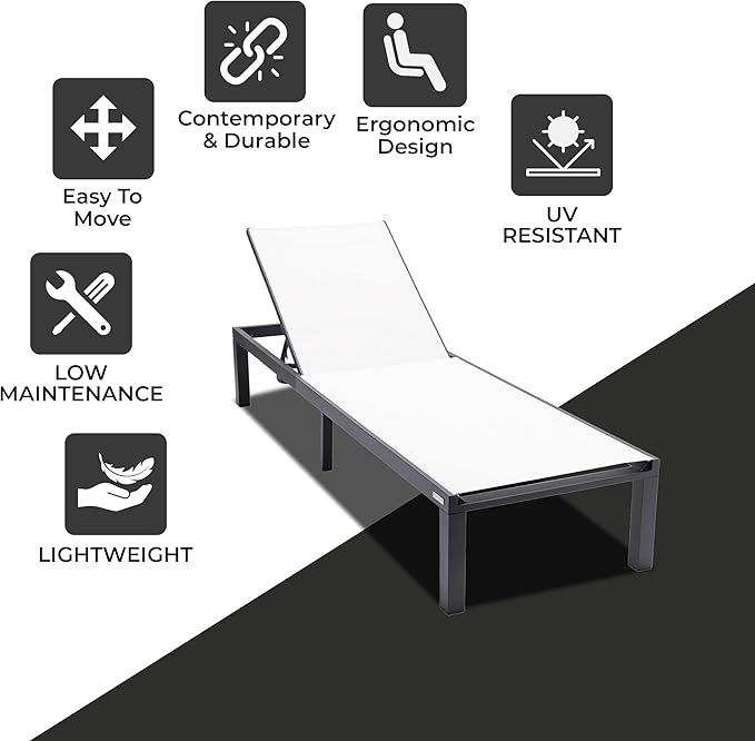 LeisureMod Marlin Aluminum Outdoor Chaise Lounge Chair - Mesh Sling Fabric Seat Black Aluminum Frame Beach, Pool Lounge Chair for Modern Patio Lawn, Garden and Backyard (White)