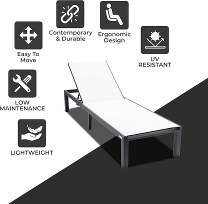 LeisureMod Marlin Aluminum Outdoor Chaise Lounge Chair - Mesh Sling Fabric Seat Black Aluminum Frame Beach, Pool Lounge Chair for Modern Patio Lawn, Garden and Backyard (White)