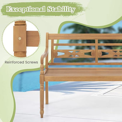 Large Outdoor Wood Bench, 2 Person Natural Teak Wood Bench w/Armrests and Backrest, Wood Garden Bench for Porch, Park, Yard and Patio