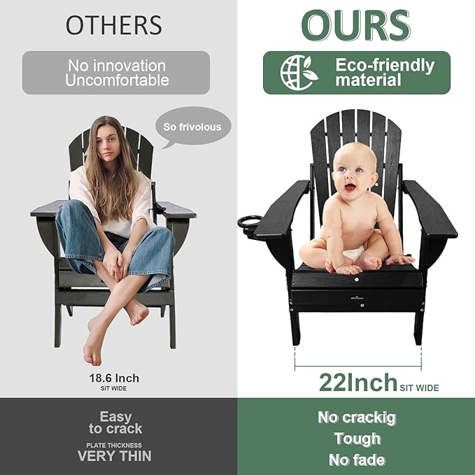 HDPE Folding Adirondack Chair Set of 2 with Cup Holder, 380lbs Modern Adirondack Chair Weather Resistant, Outdoor Patio Chair for Fire Pit, Garden,Backyard,Porch,Pool,Deck,Black