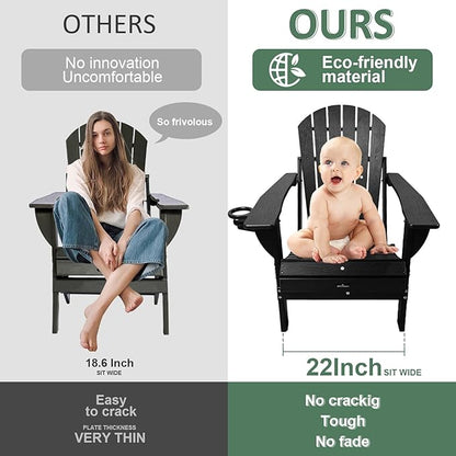 HDPE Folding Adirondack Chair Set of 2 with Cup Holder, 380lbs Modern Adirondack Chair Weather Resistant, Outdoor Patio Chair for Fire Pit, Garden,Backyard,Porch,Pool,Deck,Black