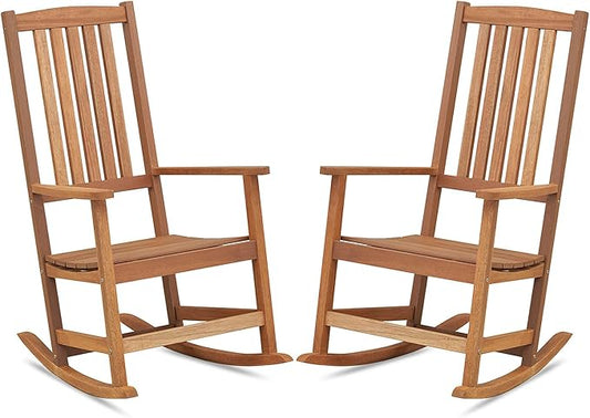 Porch Rocking Chairs Set of 2, Ergonomic High-Back Outdoor Rocker with Armrests, Rocking Base & Slatted Design, Wood Rocking Chair for Patio, Backyard, Lawn, Deck & Poolside