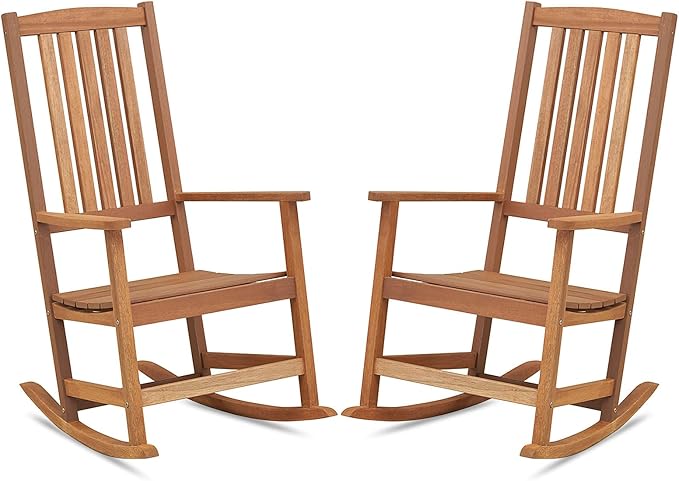 Giantex Outdoor Rocking Chair, High Back Patio Rocker w/Armrests, Hardwood Lounge Rocking Chair with Smooth Rocking Base & Slatted Design, Wood Porch Rocker for Backyard, Poolside (2, Natural)