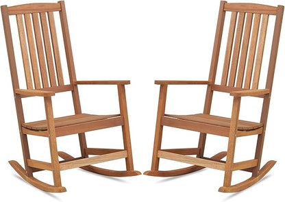 Giantex Outdoor Rocking Chair, High Back Patio Rocker w/Armrests, Hardwood Lounge Rocking Chair with Smooth Rocking Base & Slatted Design, Wood Porch Rocker for Backyard, Poolside (2, Natural)