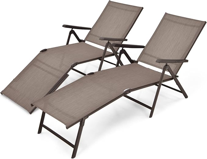 Giantex Patio Lounge Chair Foldable Chaise Lounger, Outdoor Sunbathing Chair W/ 5-Position Backrest, 2-Position Footrest, Steel Frame, Portable Recliner for Yard, Lawn Tanning Pool Chairs (2, Brown)