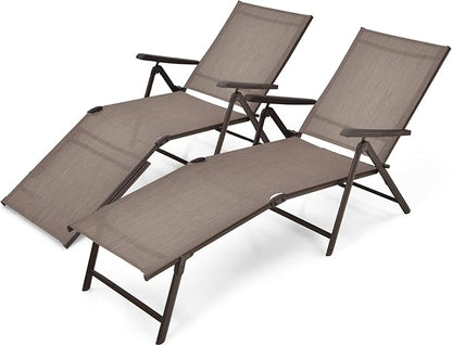Giantex Patio Lounge Chair Foldable Chaise Lounger, Outdoor Sunbathing Chair W/ 5-Position Backrest, 2-Position Footrest, Steel Frame, Portable Recliner for Yard, Lawn Tanning Pool Chairs (2, Brown)