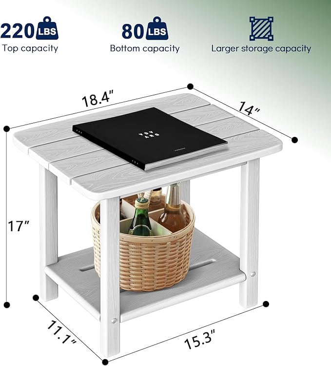 nevilywood Adirondack Square Side Table - 18.4" Large Panel HDPE Outdoor End Table - Weatherproof, Rustproof & Low Maintenance for Patio, Lawn, Pool, Indoor Use (White)