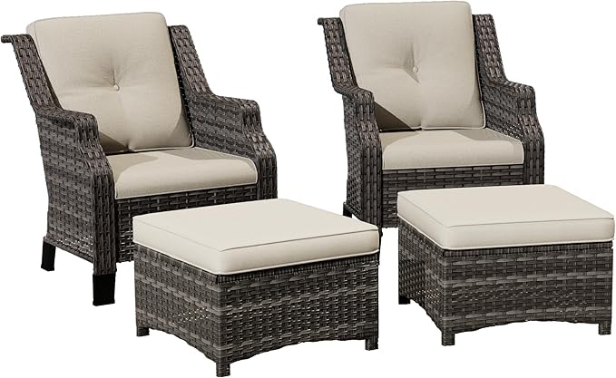 Wicker Patio Furniture Set - 4 Piece Rattan Outdoor Conversation Sets with 2 Wicker Patio Chairs, 2 Ottomans for Garden - Photo 7