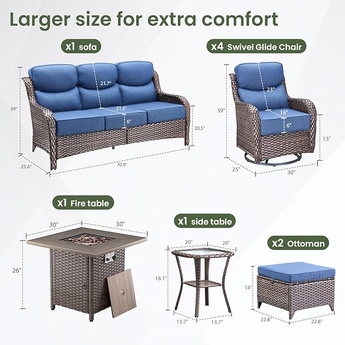 Luxury Patio Furniture Set with 6-inch Thick Cushion, Outdoor Furniture with Fire Pit Table, Swivel Chairs, Sofa - Photo 5