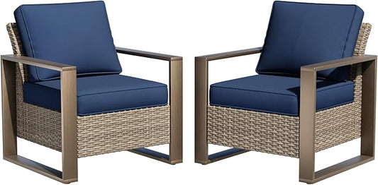 Patio Metal Wicker Chairs Set of 2, All Weather Outdoor Rattan Dining Chairs with Rectangular Framed Wood-Looking Armrest & Fade-Resistant Cushions for Deck Balcony Backyard, Dark Blue