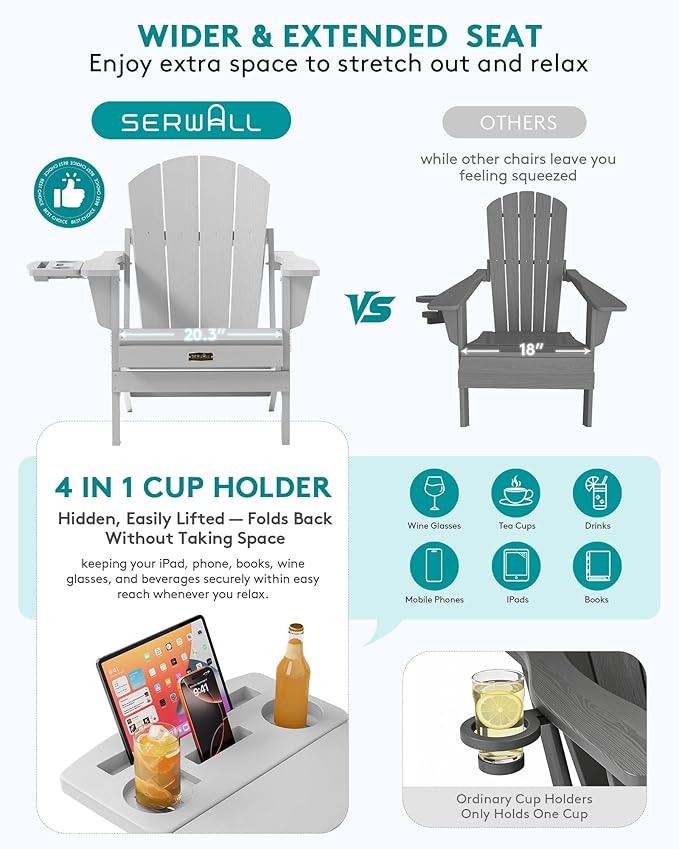 SERWALL Folding Adirondack Chair, Patio Adirondack Chairs with 4 in 1 Multi-Functional Cup Holder, Wooden Textured, All Weather Plastic Fire Pit Chair for Outdoor, Garden, Backyard, Deck- Spanish Gray