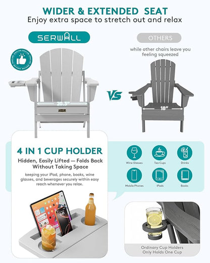 SERWALL Folding Adirondack Chair Set of 4, Outdoor Adirondack Chairs with 4 in 1 Cup Holder, Wood Texture Patio Chairs, Weather Resistant Fire Pit Chairs for Patio Deck Garden, Backyard - Spanish Gray