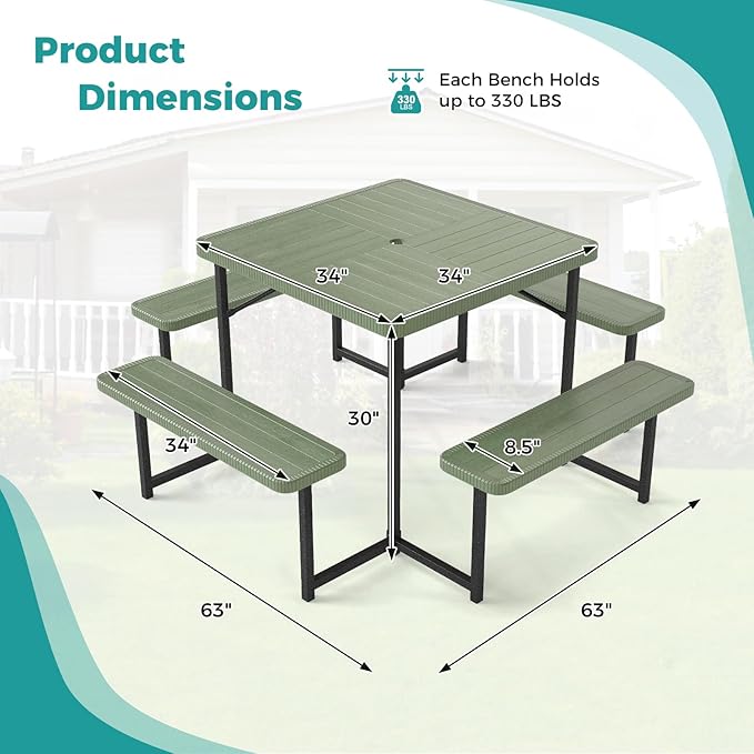 Giantex Picnic Table Bench Set for 4-8 People, 34" Outdoor Square Dining Table & 2 Benches w/Umbrella Hole - Photo 4