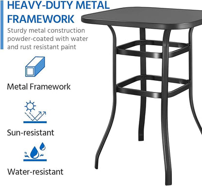 Yaheetech Patio Bar Table Tempered Glass, Height High Top Outdoor Pub Height Bistro Square Glass Side Table for Balcony Backyard Poolside, Black