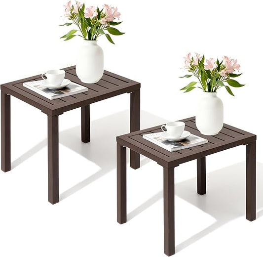 Crestlive Products Outdoor Side Table Set of 2, Aluminum Small Rectangular Weather Resistant Coffee End Tables for Patio Balcony Pool Deck (Brown)