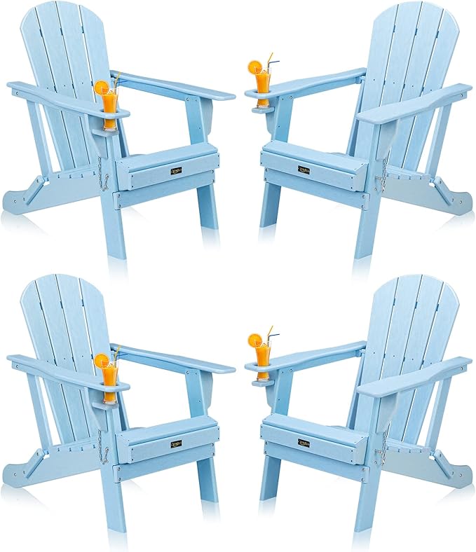 VINGLI Plastic Adirondack Chairs Set of 4, Folding with Cup Holder, Waterproof HDPE Material, Comfortable 380lb Weight Capacity for Outdoor Pool Patio Lounge Chair Lawn Furniture Firepit (Blue)