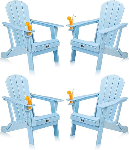 VINGLI Plastic Adirondack Chairs Set of 4, Folding with Cup Holder, Waterproof HDPE Material, Comfortable 380lb Weight Capacity for Outdoor Pool Patio Lounge Chair Lawn Furniture Firepit (Blue)