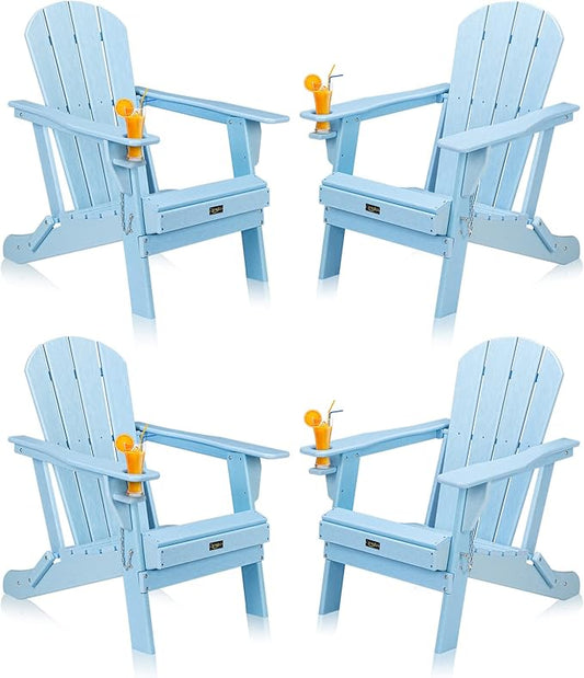 VINGLI Plastic Adirondack Chairs Set of 4, Folding with Cup Holder, Waterproof HDPE Material, Comfortable 380lb Weight Capacity for Outdoor Pool Patio Lounge Chair Lawn Furniture Firepit (Blue)