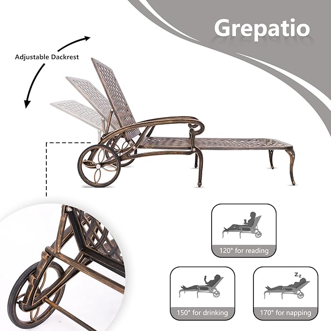 Grepatio Lounge Chairs for Outdoor, Patio Lounge Chaise Cast Aluminum Chairs with Cushion - Photo 4