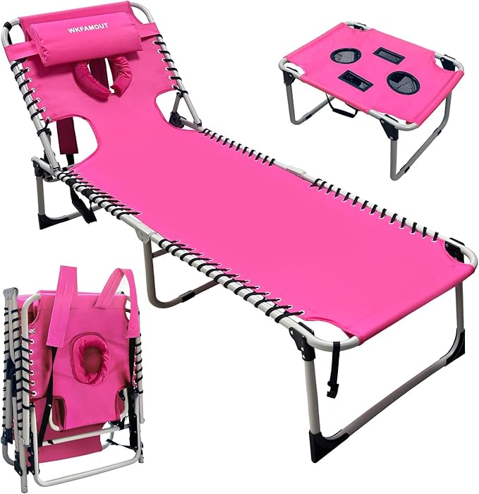 Backpack Sun Tanning Chair with Face Hole & Beach Table, 5-Position Adjustable Folding Lounge Chair Outdoor for Lawn Patio Garden
