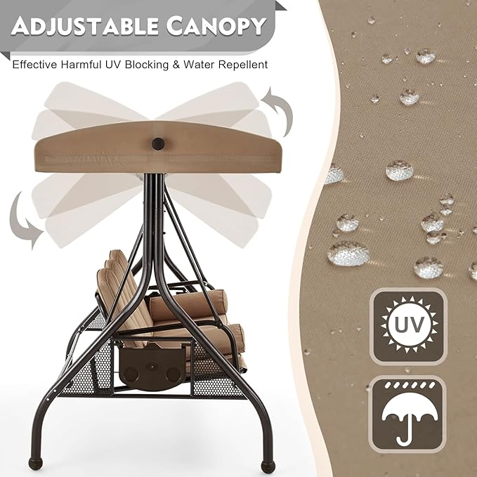 HOMREST 3 Seat Outdoor Porch Swing with Adjustable Canopy, Convertible Patio Swing Bed with Stand - Photo 3