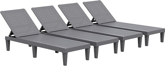 JUMMICO Patio Chaise Lounge Chair Set of 4 Outdoor PE Waterproof Adjustable Easy Assembly Lounge Chairs for Outside Pool Garden Deck Beach (Grey, Set of 4)