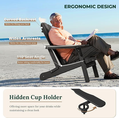 BRIOPAWS Folding-Adirondack-Chairs Set of 4 | HDPE Plastic | Fire Pit Chair | Cup Holder | Curved Back | All Weather | for Outdoor Backyard Deck Patio | Black