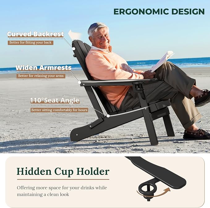 BRIOPAWS Folding-Adirondack-Chairs Set of 6 | HDPE Plastic | Fire Pit Chair | Cup Holder | Curved Back | All Weather | for Outdoor Backyard Deck Patio | Black