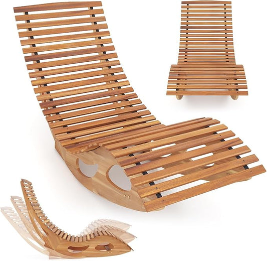 HAPPYGRILL Outdoor Acacia Wood Chaise Lounge, Rocking Chair with High Back, Slatted Seat, Stopper, Outside Wood Rocker, 350 Lbs Capacity Sun Lounger
