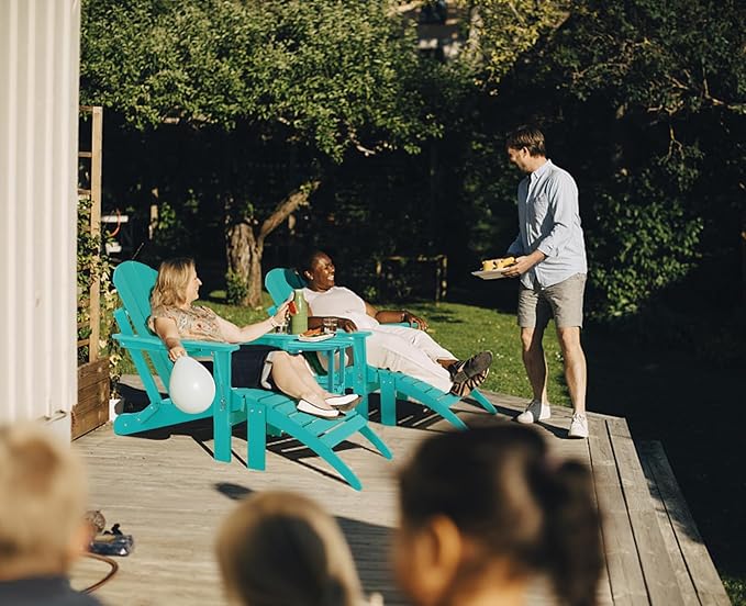 Adirondack Chair with Ottoman | Folding | Outdoor Patio Chair with Removable Footrest | HDPE Plastic All-Weather Resistant | Cup Holder | for Backyard and Garden | Turquoise