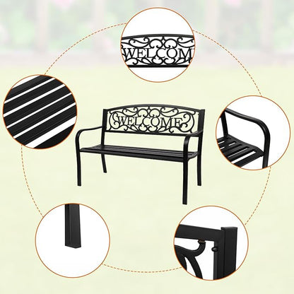 Outvita Outdoor Bench, 50" Metal Garden Bench Patio Park Furniture w/Warm Welcome Pattern & Plastic Backrest for Yard Entryway Deck Porch Black