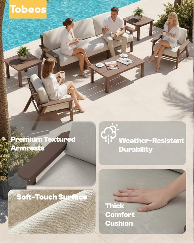 Patio Furniture Set, HDPE Outdoor Sofa Set with Beige Washable Cushions, Patio Conversation Sets for Lawn, Garden, Porch, Balcony & Deck, Durable Outdoor Sectional Furniture (Brown Frame)
