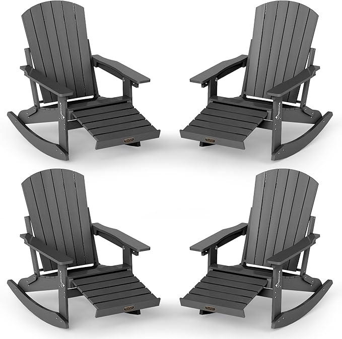 Adirondack Rocking Chair with Retractable Ottoman Set of 4, 4-in-1 Foldable Reclining Patio Chair, HDPE Wood-Look Outdoor Rocker for Porch, Garden & Poolside, Grey
